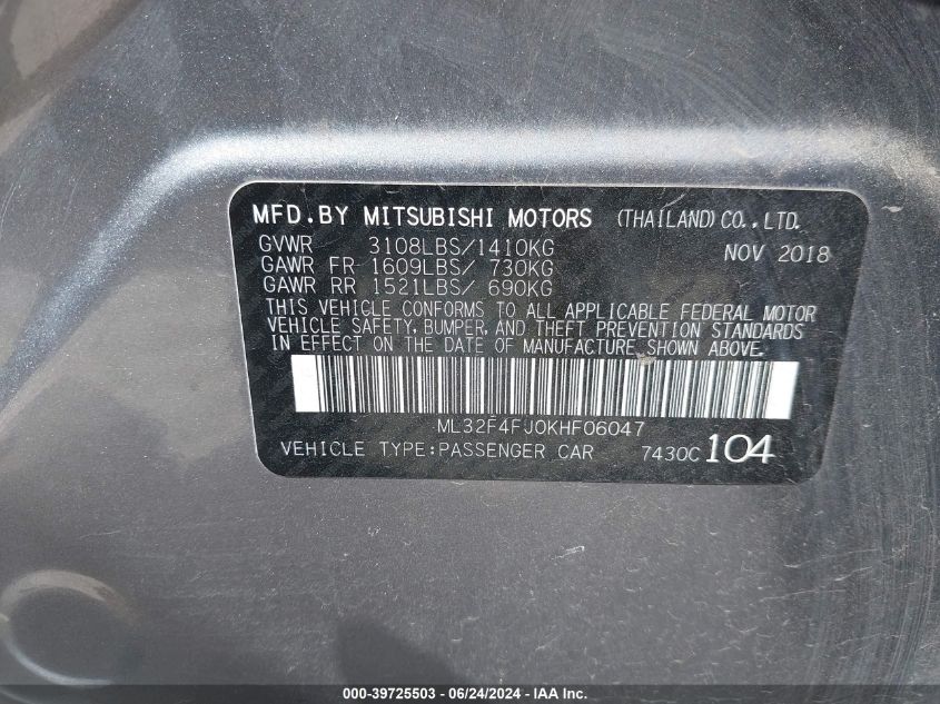 2019 Mitsubishi Mirage G4 Se VIN: ML32F4FJ0KHF06047 Lot: 39725503