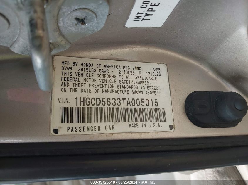 1996 Honda Accord Lx/Ex VIN: 1HGCD5633TA005015 Lot: 39725510