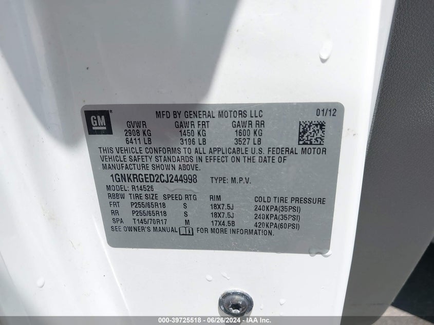 2012 Chevrolet Traverse 1Lt VIN: 1GNKRGED2CJ244998 Lot: 39725518