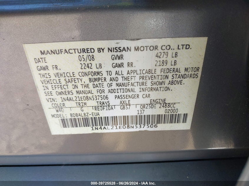 2008 Nissan Altima 2.5/2.5S VIN: 1N4AL21E08N537506 Lot: 39725528