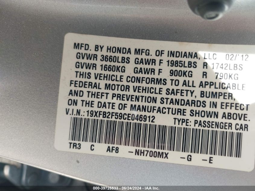 2012 Honda Civic Lx VIN: 19XFB2F59CE046912 Lot: 39725533