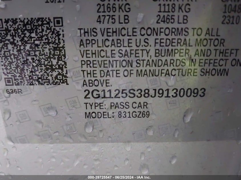 2018 CHEVROLET IMPALA PREMIER - 2G1125S38J9130093