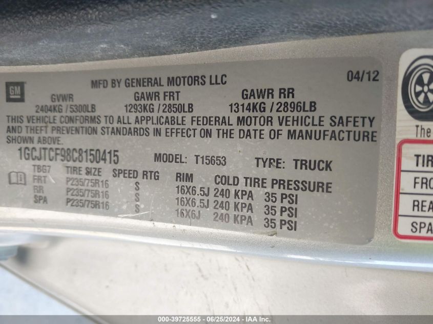 2012 Chevrolet Colorado Lt VIN: 1GCJTCF98C8150415 Lot: 39725555