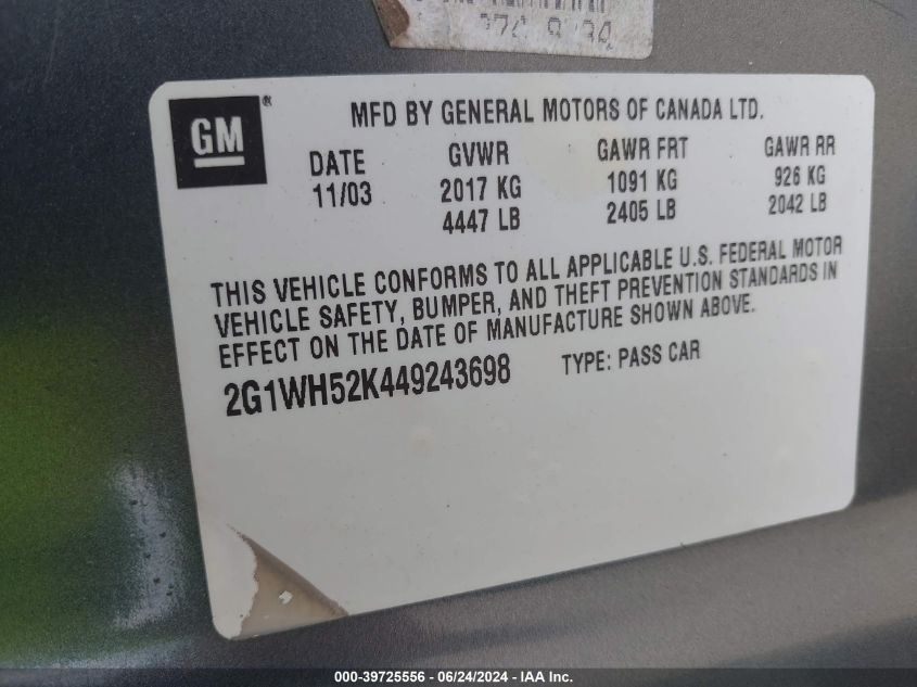 2004 Chevrolet Impala Ls VIN: 2G1WH52K449243698 Lot: 39725556