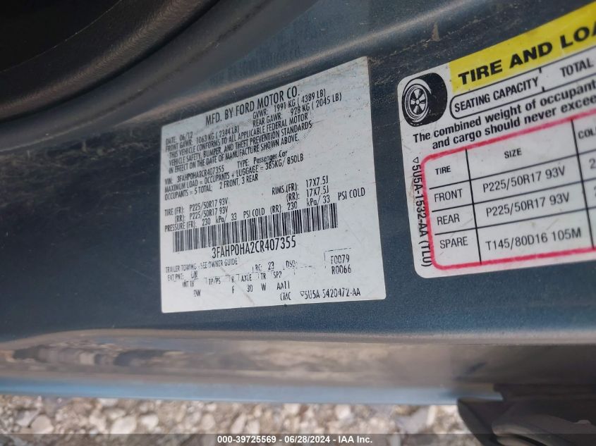 2012 Ford Fusion Se VIN: 3FAHP0HA2CR407355 Lot: 39725569