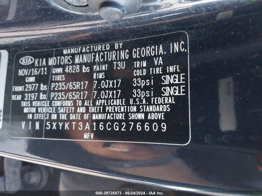 2012 Kia Sorento Lx VIN: 5XYKT3A16CG276609 Lot: 39725573