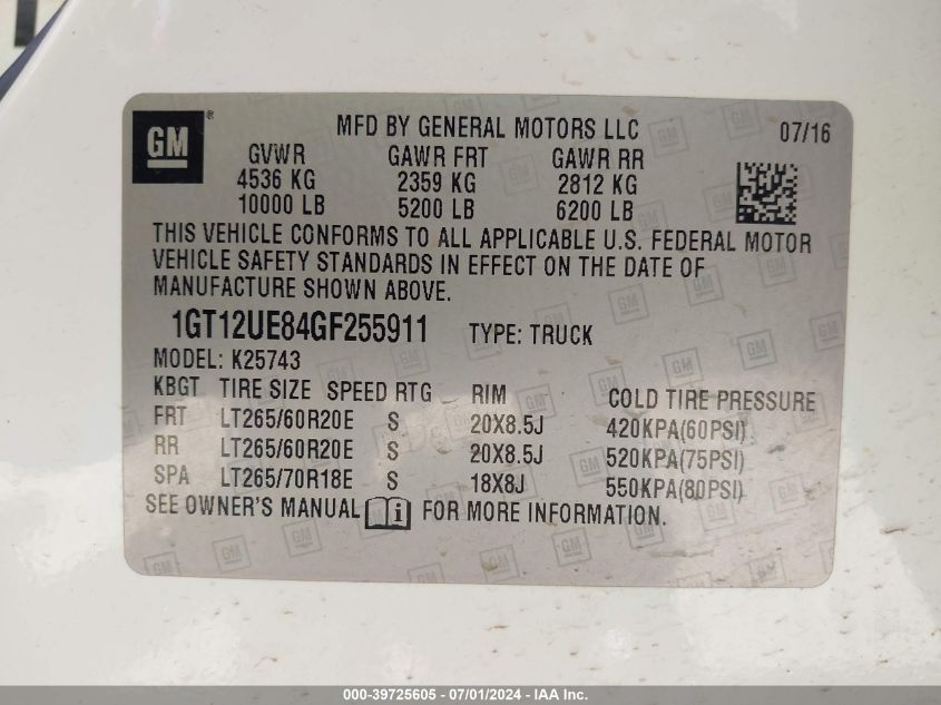 2016 GMC Sierra 2500Hd Denali VIN: 1GT12UE84GF255911 Lot: 39725605