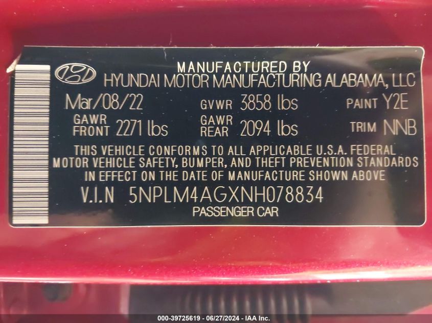2022 Hyundai Elantra Sel VIN: 5NPLM4AGXNH078834 Lot: 39725619