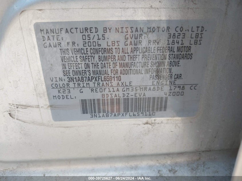 2015 Nissan Sentra Fe+ S/S/Sl/Sr/Sv VIN: 3N1AB7APXFL659110 Lot: 39725627