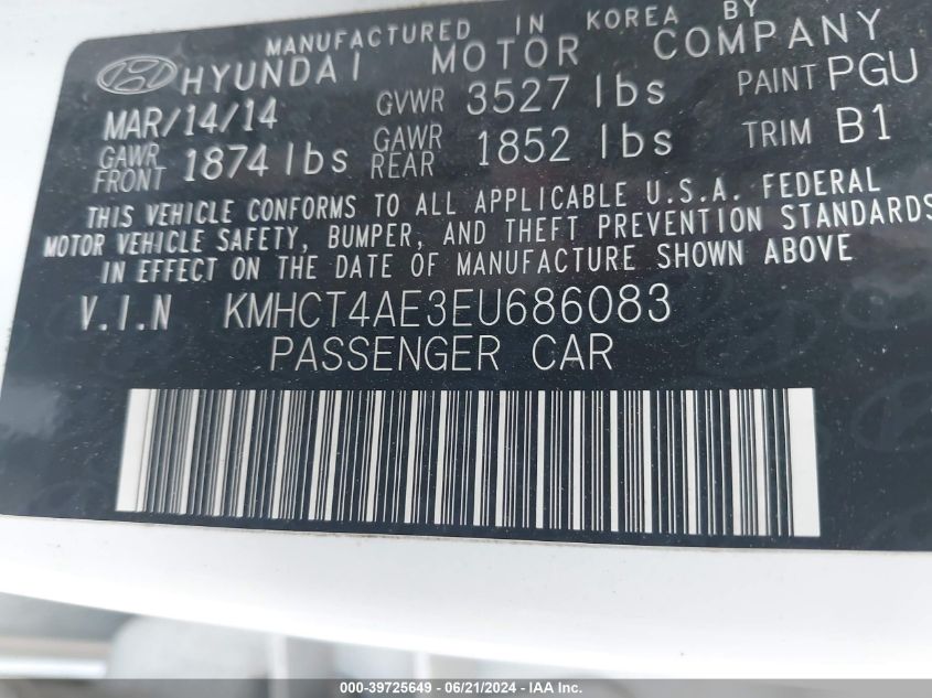 2014 Hyundai Accent Gls VIN: KMHCT4AE3EU686083 Lot: 39725649