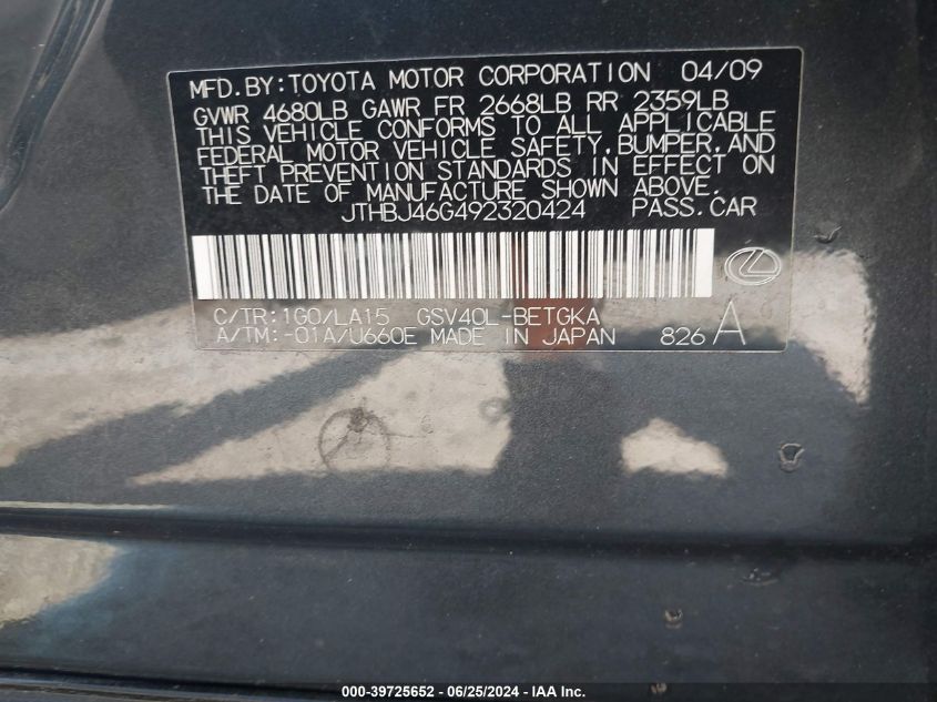 2009 Lexus Es 350 VIN: JTHBJ46G492320424 Lot: 39725652