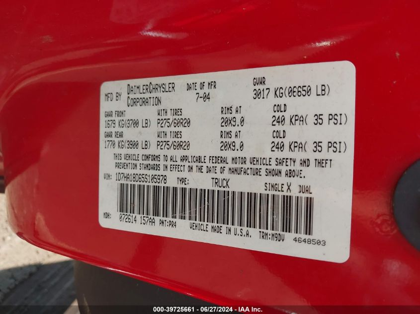 2005 Dodge Ram 1500 Slt/Laramie VIN: 1D7HA18D65S105978 Lot: 39725661