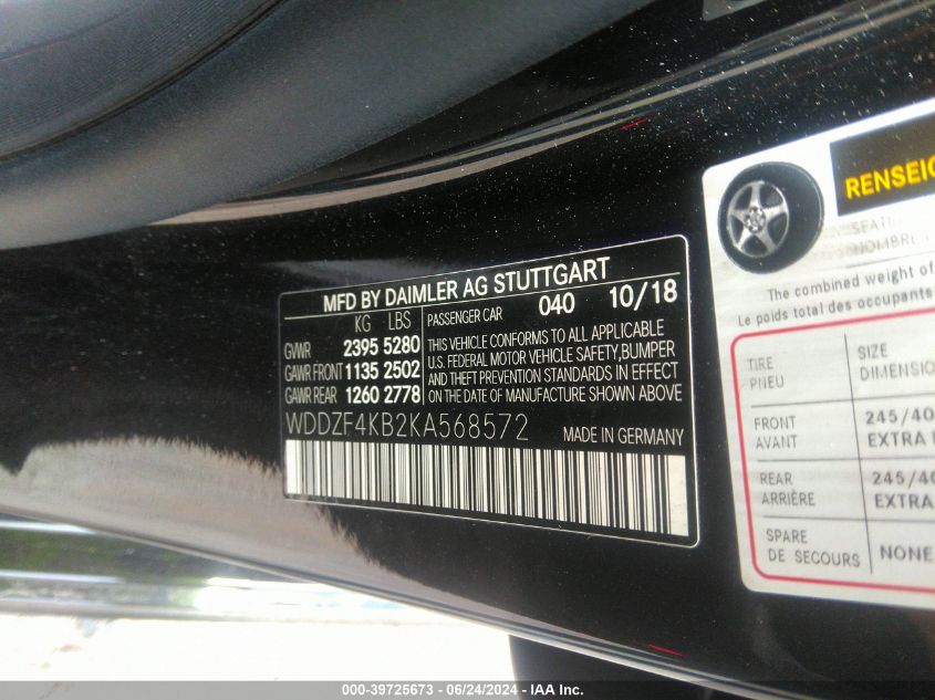 2019 Mercedes-Benz E 300 4Matic VIN: WDDZF4KB2KA568572 Lot: 39725673