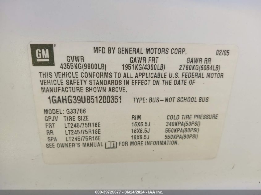 2005 Chevrolet Express VIN: 1GAHG39U851200351 Lot: 39725677
