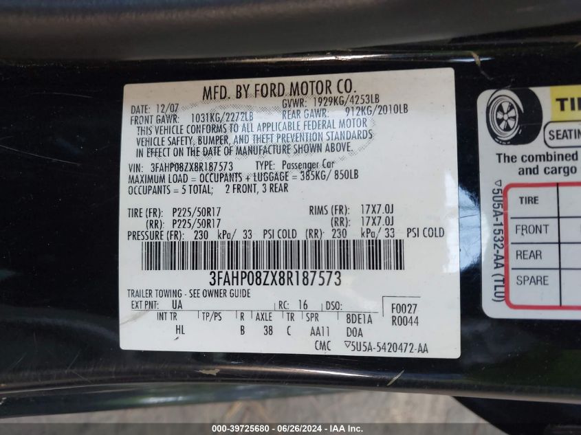 2008 Ford Fusion Sel VIN: 3FAHP08ZX8R187573 Lot: 39725680