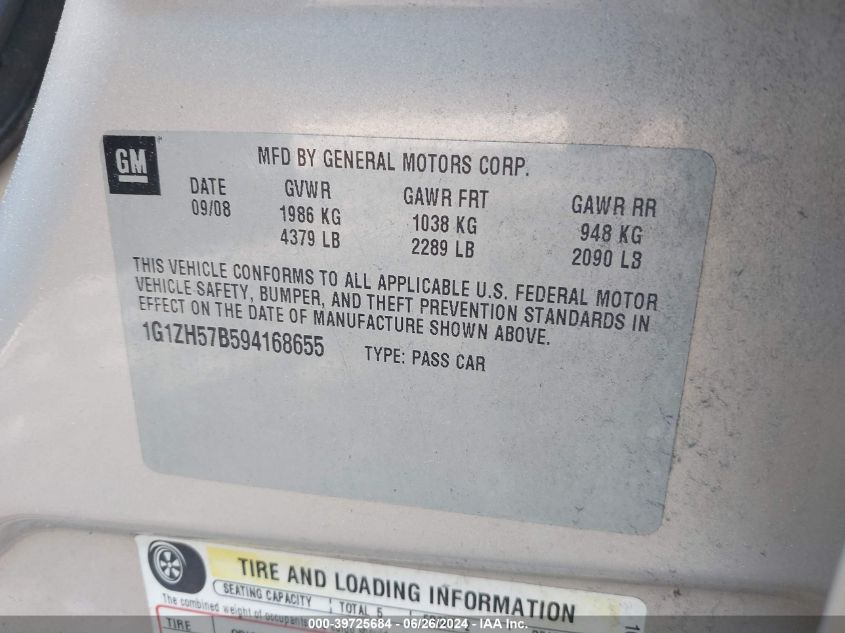 2009 Chevrolet Malibu Lt VIN: 1G1ZH57B594168655 Lot: 39725684