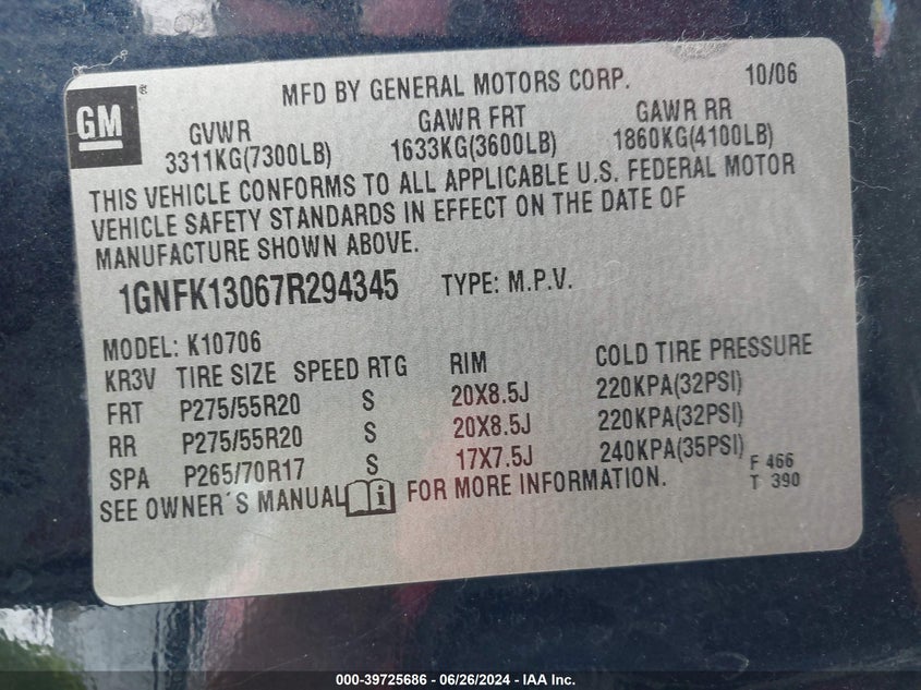 2007 Chevrolet Tahoe K1500 VIN: 1GNFK13067R294345 Lot: 39725686