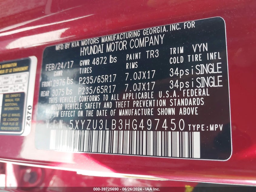 2017 Hyundai Santa Fe Sport 2.4L VIN: 5XYZU3LB3HG497450 Lot: 39725690