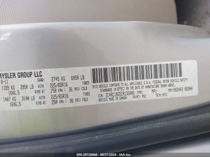 2012 Chrysler Town & Country Touring VIN: 2C4RC1BG5CR133006 Lot: 39725695