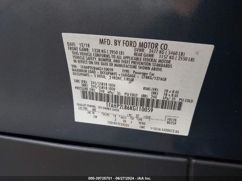 2019 Ford Police Interceptor VIN: 1FAHP2L86KG110059 Lot: 39725701