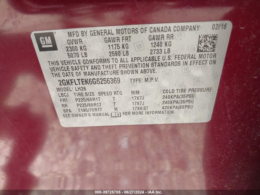 2016 GMC Terrain Sle-2 VIN: 2GKFLTEK6G6256369 Lot: 39725705