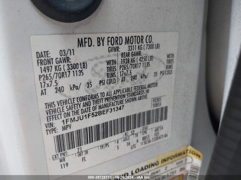 2011 Ford Expedition Xl VIN: 1FMJU1F52BEF31347 Lot: 39725711