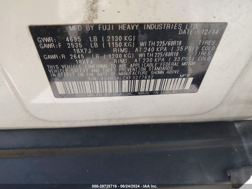 2015 SUBARU OUTBACK 2.5I LIMITED - 4S4BSALCXF3277692