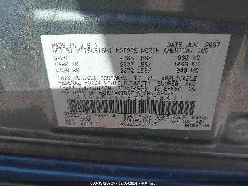 2007 Mitsubishi Galant Es/Se VIN: 4A3AB36F57E083821 Lot: 39725724