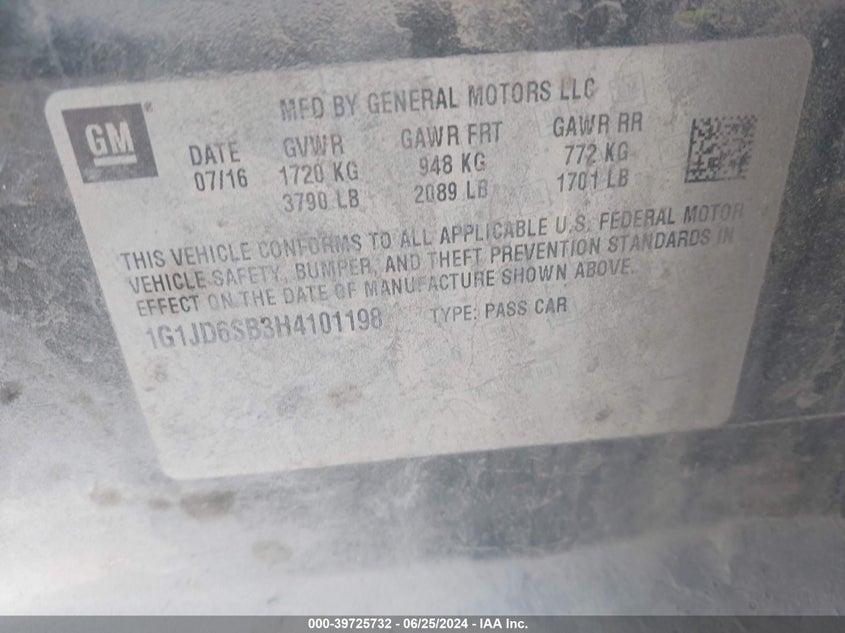 2017 Chevrolet Sonic Lt VIN: 1G1JD6SB3H4101198 Lot: 39725732