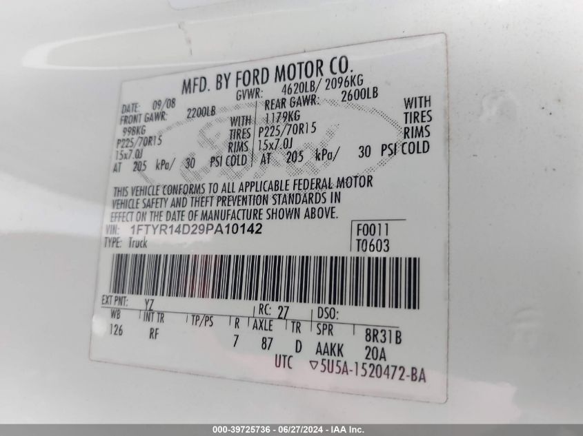 2009 Ford Ranger Super Cab VIN: 1FTYR14D29PA10142 Lot: 39725736