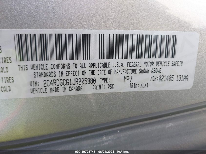 2018 Dodge Grand Caravan Sxt VIN: 2C4RDGCG1JR205380 Lot: 39725745