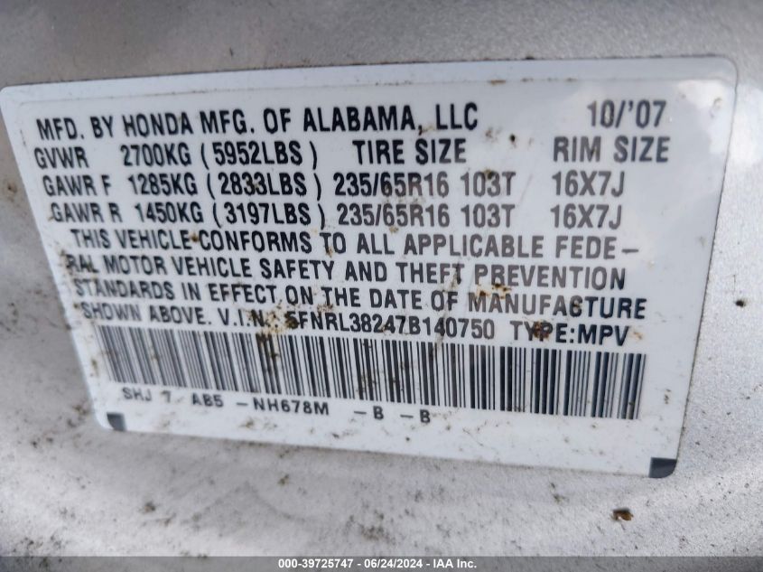 2007 Honda Odyssey Lx VIN: 5FNRL38247B140750 Lot: 39725747