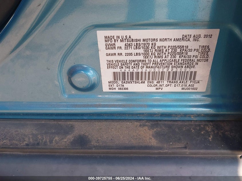 2013 Mitsubishi Outlander Sport Es VIN: 4A4AP3AU6DE003697 Lot: 39725755