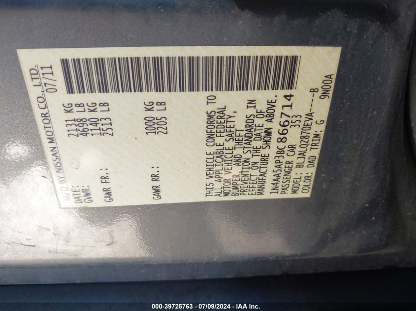 2011 Nissan Maxima 3.5 S VIN: 1N4AA5AP3BC866714 Lot: 39725763