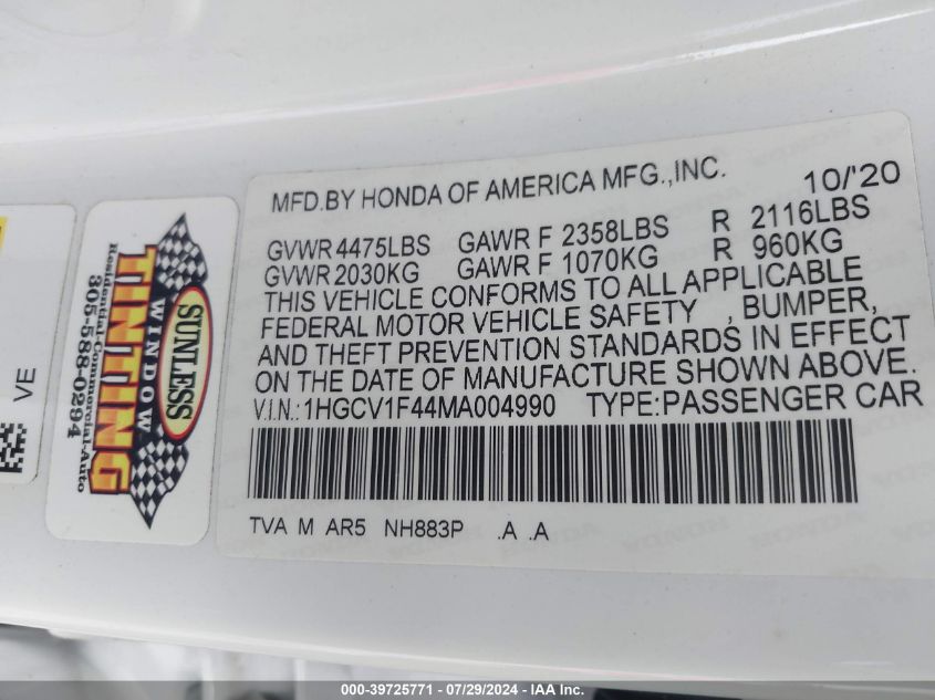 2021 Honda Accord Sport Special Edition VIN: 1HGCV1F44MA004990 Lot: 39725771