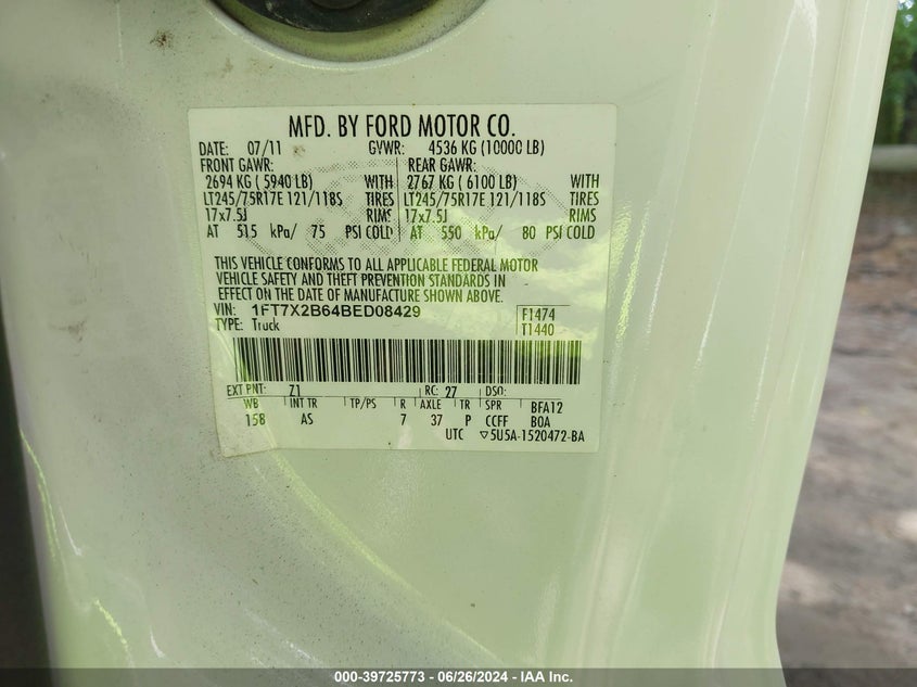 2011 Ford F-250 Xl VIN: 1FT7X2B64BED08429 Lot: 39725773