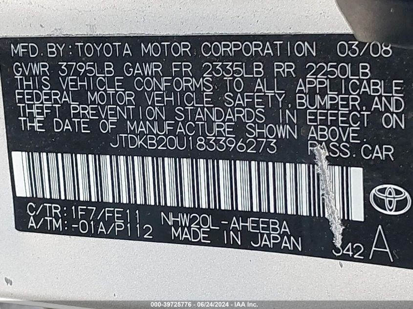 2008 Toyota Prius VIN: JTDKB20U183396273 Lot: 39725776