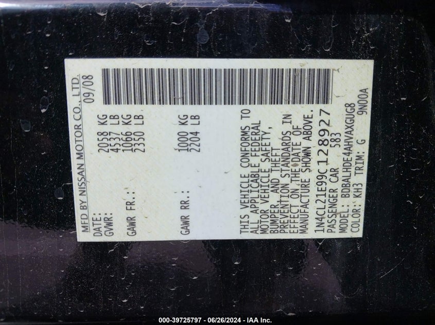 2009 Nissan Altima Hybrid VIN: 1N4CL21E99C128927 Lot: 39725797