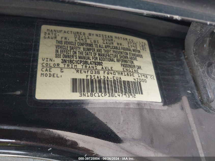 2011 Nissan Versa 1.8S VIN: 3N1BC1CP3BL479392 Lot: 39725804