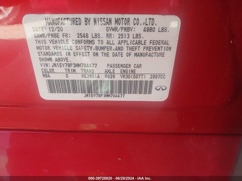 2021 Infiniti Q50 VIN: JN1EVBP3MM704477 Lot: 39725820