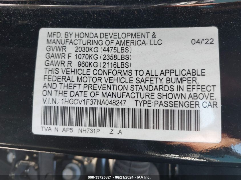 1HGCV1F37NA048247 | 2022 HONDA ACCORD