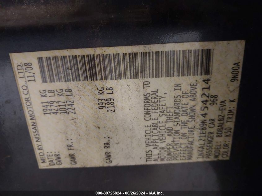 2009 Nissan Altima 2.5 S VIN: 1N4AL21E89N454214 Lot: 39725824