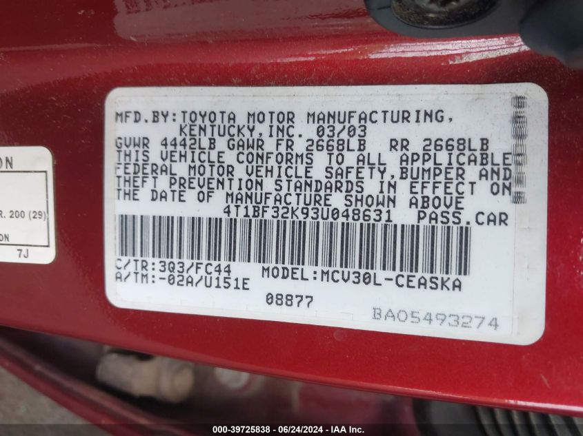 2003 Toyota Camry Se V6 VIN: 4T1BF32K93U048631 Lot: 39725838