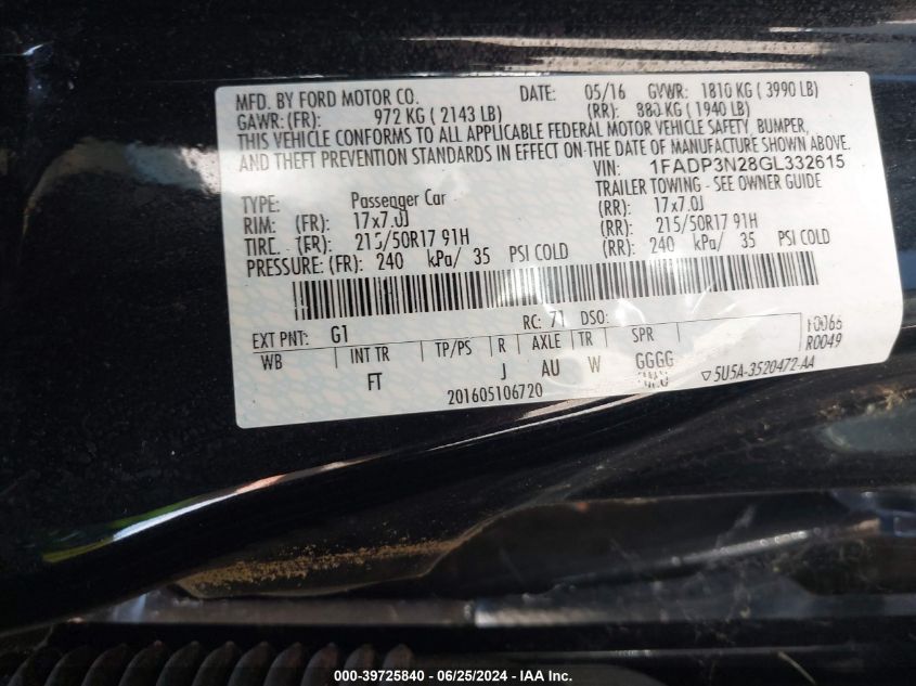 2016 Ford Focus Titanium VIN: 1FADP3N28GL332615 Lot: 39725840