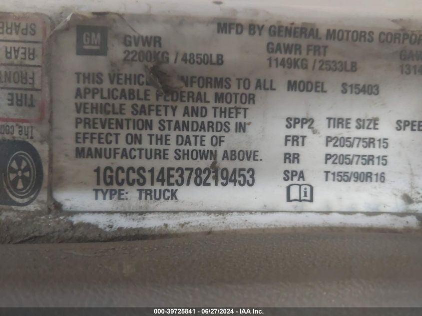 2007 Chevrolet Colorado Work Truck VIN: 1GCCS14E378219453 Lot: 39725841