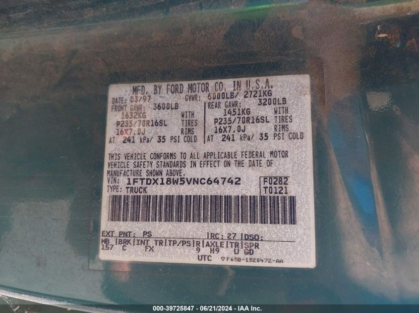 1997 Ford F-150 Lariat/Xl/Xlt VIN: 1FTDX18W5VNC64742 Lot: 39725847