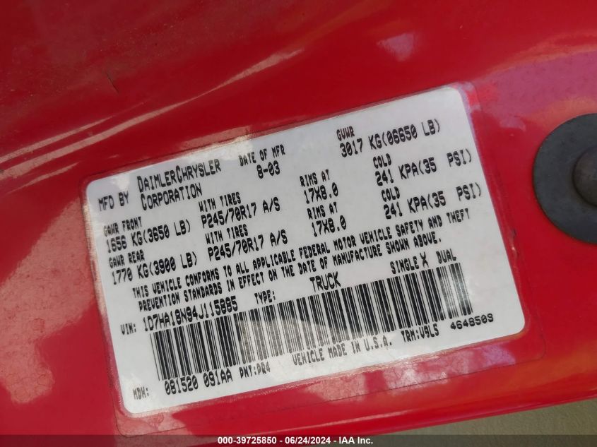 2004 Dodge Ram 1500 Slt/Laramie VIN: 1D7HA18N94J115885 Lot: 39725850