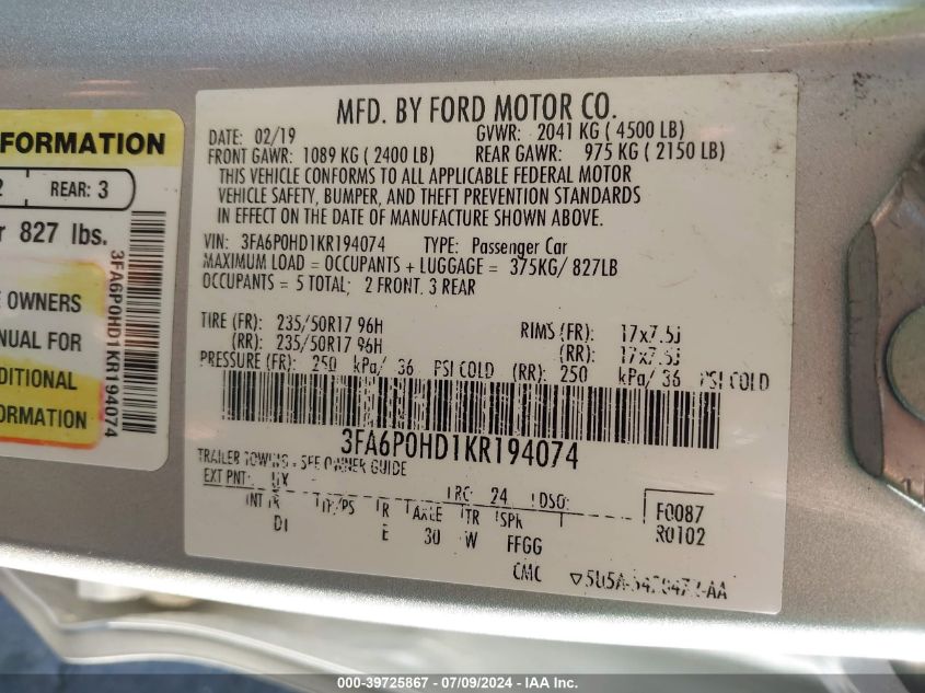 2019 FORD FUSION SE - 3FA6P0HD1KR194074