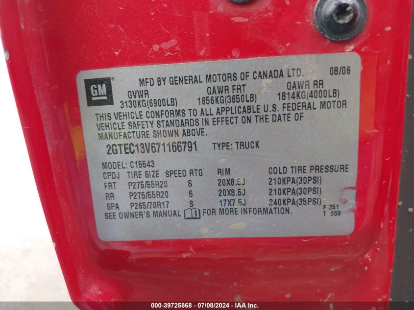2007 GMC Sierra 1500 Classic Sl VIN: 2GTEC13V671166791 Lot: 39725868