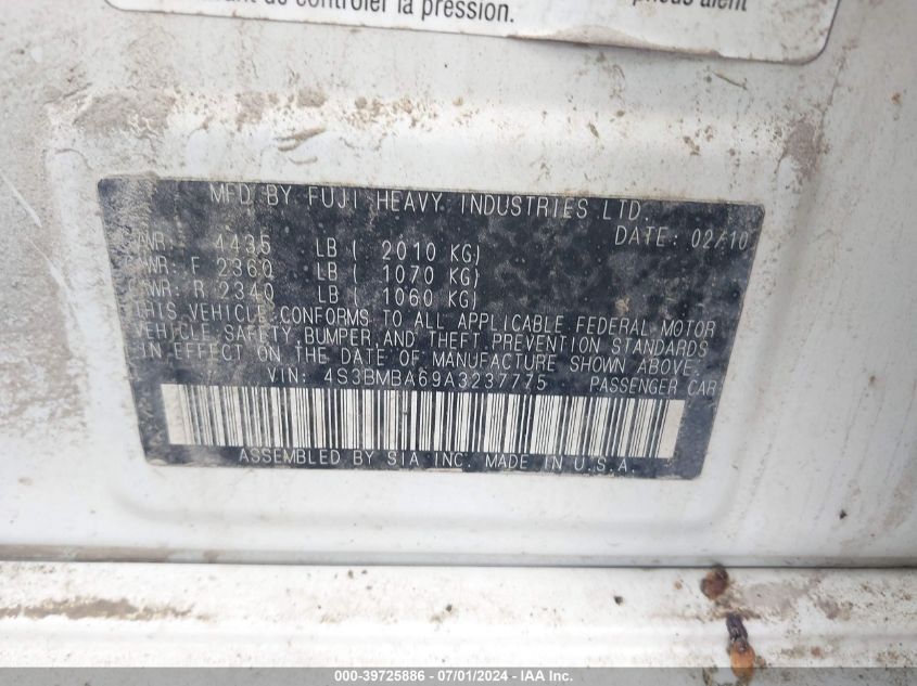 2010 Subaru Legacy 2.5I VIN: 4S3BMBA69A3237775 Lot: 39725886